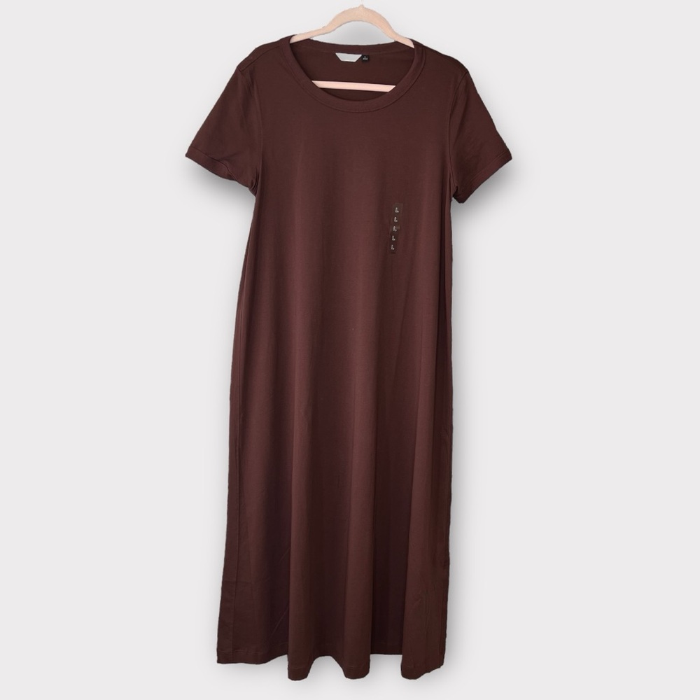 U AIRism Cotton Short-Sleeve Long Flare Dress in burgundy
